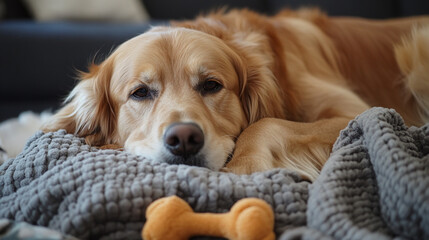 A dog resting peacefully on a cozy blanket, with a chew toy nearby, celebrating National Dog Day with some quiet time