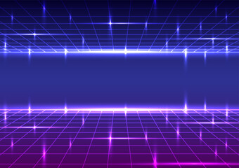 Digital retro background. Sci-Fi cyberpunk futuristic concept. Design for wireframe, technology, neon, light, grid, landscapes, retro, 80s, 90s.