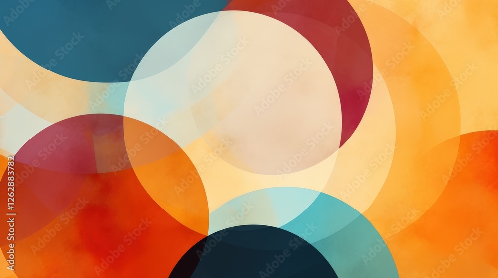 Poster a vibrant abstract composition featuring overlapping circles in various colors, creating a playful a