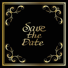 Save the date vintage label art-deco frame .damask vintage baroque scroll ornament swirl. Victorian monogram heraldic shield swirl.