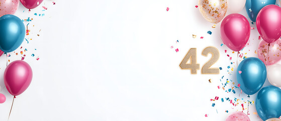 42 birthday celebration background with number, confetti and elegant shny pink & blue balloons isolated over white (transparent) background