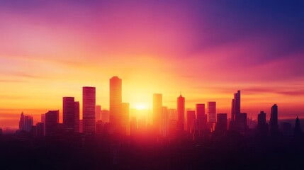 Vibrant sunset over a city skyline with silhouettes of buildings against a colorful sky