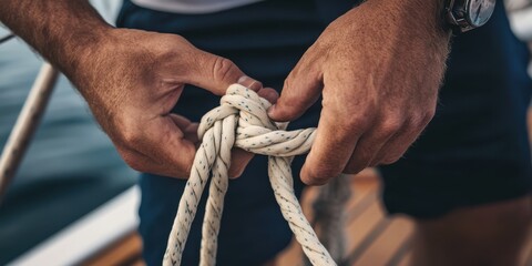 A close-up of a sailor's hands expertly tying a complex knot on the deck of a yacht