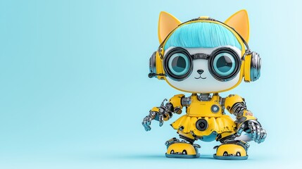 A stylish robot cat toy in a light yellow  dress, paired with short blue hair. Captured in  with a modern minimal motion design, the  light  enhances the elegant details.