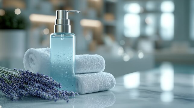 Spa Hand Soap Dispenser, Towels, Lavender, Blurred Spa Background