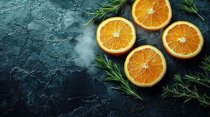 Bright citrus slices and fragrant herbs rest on a deep slate surface, illuminated by moody lighting, while wisps of steam rise, adding depth and sophistication to the scene.