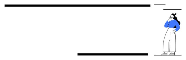 Woman stands with hand on chin in blue sweater and white pants, surrounded by horizontal black lines. Ideal for modern design, minimalism, contemplation, decision making, introspection, creativity