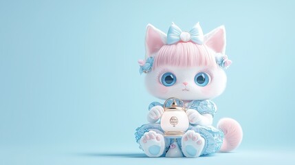This  image of a cute robot cat toy, featuring a blue  dress and short pink hair, holds a luxury lamp with grace. The minimal modern motion design and light  create a clean