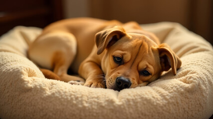 Cute puppy sleeping on beige soft bedding, beige, postcard