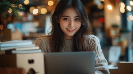 Fototapeta premium Young Woman Smiling at Laptop in Cozy Cafe with Blurry Lights in Background, Wearing Sweater and Surrounded by Books and Warm Atmosphere