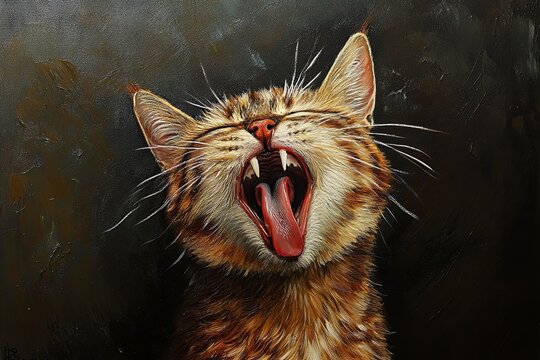 Striking close-up of a yawning tabby cat showcasing its expressive features against a dark background
