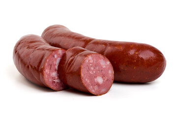 Grilled german bratwurst sausages, isolated on white background.