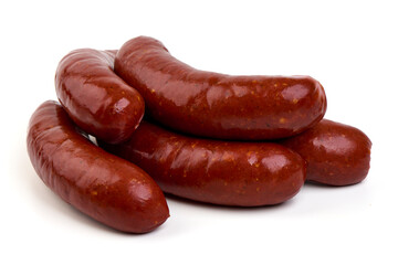 Grilled german bratwurst sausages, isolated on white background.