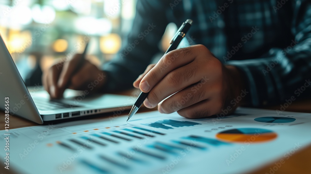 Poster business analysis with charts and graphs on paper showing performance metrics and financial data dur