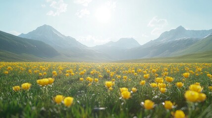 Fototapeta premium Vibrant Yellow Wildflowers in a Mountain Meadow