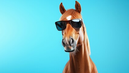 Portrait of a Brown Horse Wearing Sunglasses Against a Blue Background