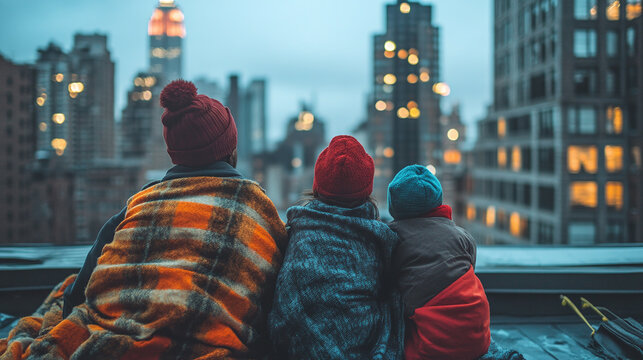 A family sitting on a rooftop, bundled up with blankets, watching the Macy&rsquo;s Thanksgiving Day Parade on TV