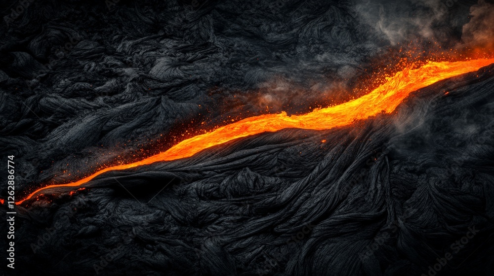 Poster incandescent lava flowing sinuously over dark solidified crust creates a striking contrast of bright