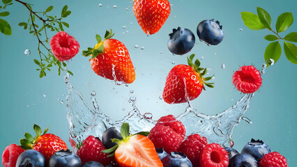 Fresh blueberry and strawberry with water splash in air