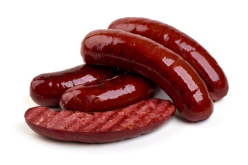 Grilled german bratwurst sausages, isolated on white background.