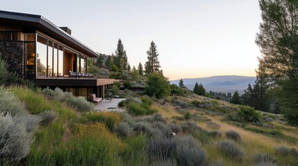 Fototapeta premium Modern Hillside Home Dawn Views