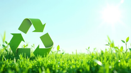 Minimalistic landscape with recycling symbol surrounded by green plants and clear sky, with copy space, emphasizing the importance of ecology