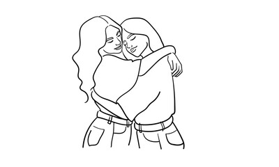 Two girls hugging, continuous line drawing. Support, empathy, friendship. Vector illustration isolated on white background
