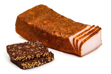 Spiced Cured Pork Fat with Rye Bread Slices Isolated on White Background.