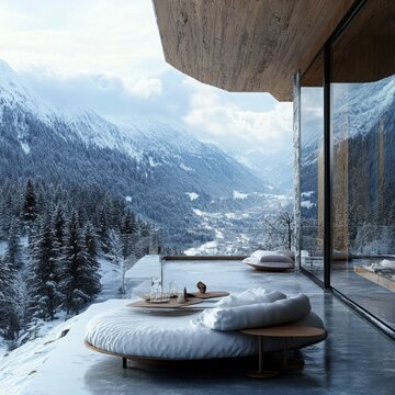 Modern architecture overlooking a snow covered mountain range valley