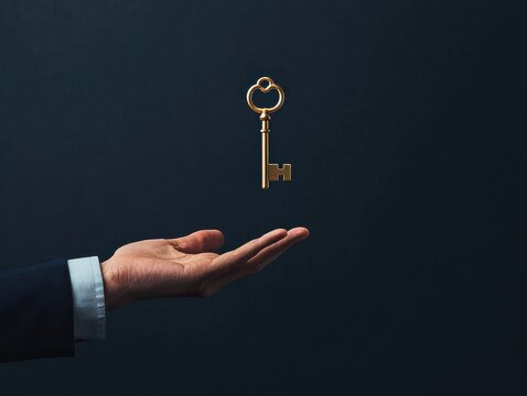 A hand holds out under a floating golden key against a dark background, symbolizing opportunity, access, and unlocking potential.