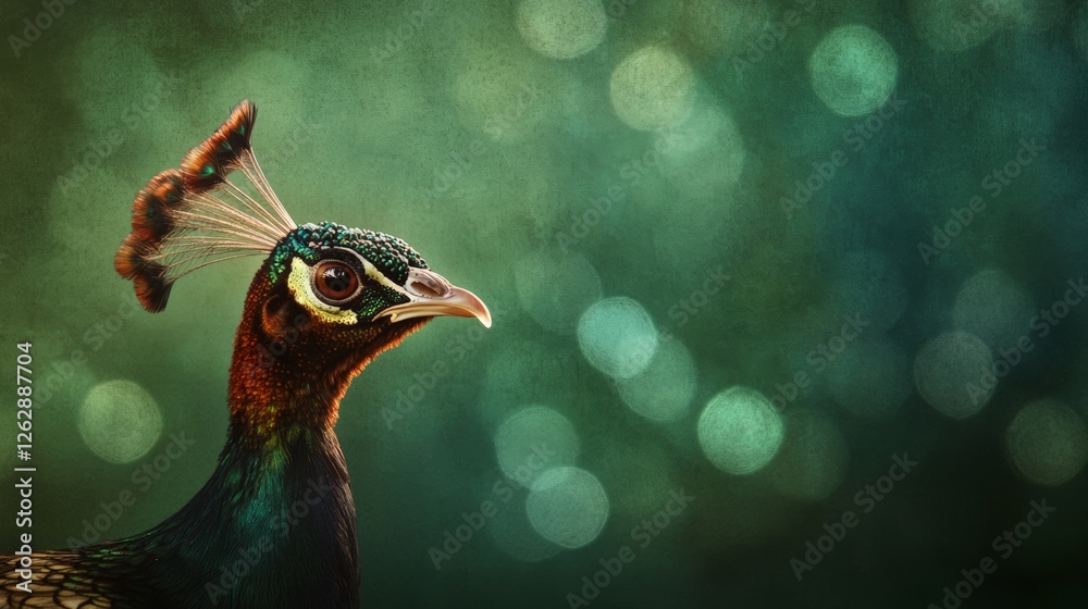 Poster beautiful peacock showing off its colorful and iridescent plumage on a blurred green background with