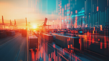 Container truck in ship port for business Logistics and transportation of Container Cargo ship and Cargo plane with working crane bridge in shipyard at sunrise, logistic import export and transport