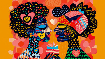 Friendship Day: Abstract celebration for friends, with vibrant people presenting gift, for greeting card, or social media graphic