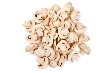 White champignons mushrooms, isolated on white background.