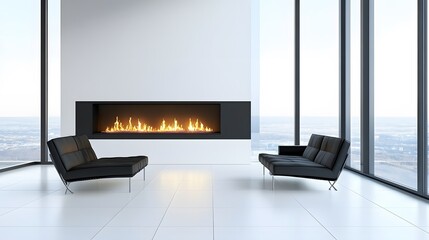 Fototapeta premium Modern Minimalist Living Room with Fireplace and Large Windows