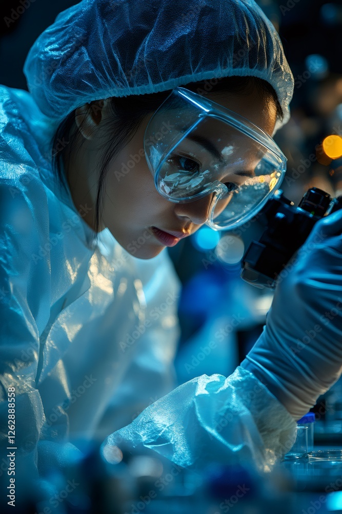 Poster scientist working with microscope in laboratory researching new medicine or vaccine