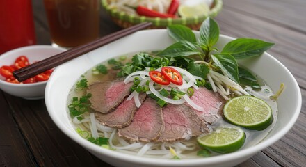 Fototapeta premium Authentic Pho Soup with Beef, Noodles and Fresh Herbs Ready to Eat
