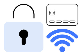 Padlock with keyhole, credit card outline, and wireless signal in blue symbolize secure transactions and internet connectivity. Ideal for finance, technology, security, e-commerce, online services