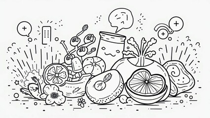 Whimsical black and white sketch of fruits and floral elements in playful arrangement