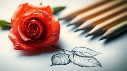Red rose drawn with simple pencils on a piece of paper