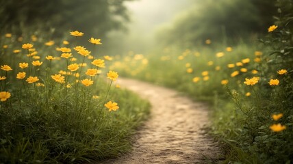 Serene Path Through a Yellow Flower Meadow