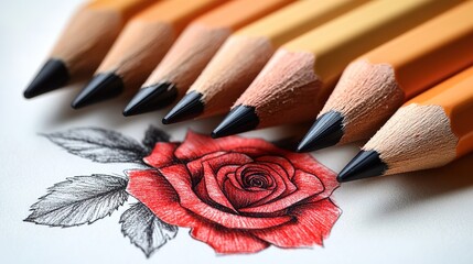 Red rose drawn with simple pencils on a piece of paper
