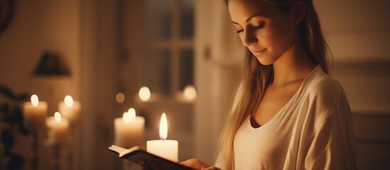 Young woman reading a book by candlelight in a cozy, softly lit room filled with candles