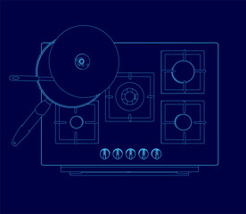 A blue drawing of a stove with a pan on top of it. The stove has five burners and a pot on top of it