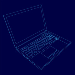 A laptop is shown in a blue color. The laptop is open and the keyboard is visible.