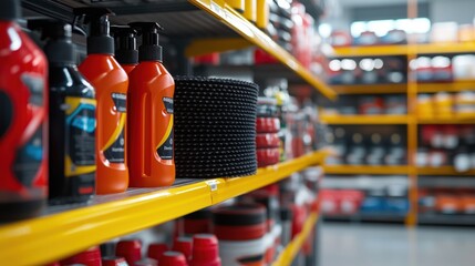 Colorful array of automotive cleaning products and accessories neatly arranged on a store shelf in a well-lit retail environment