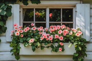 Naklejka premium Lavatera trimestris decorating window box of charming white wooden house