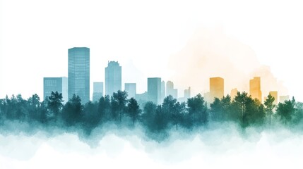 Fototapeta premium Abstract watercolor city skyline blending with forest, showcasing urban life amidst nature's tranquility
