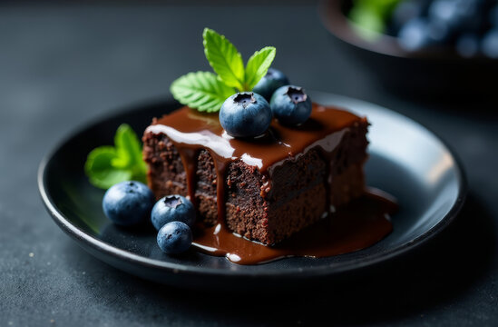 slice of chocolate brownie garnished with blueberries and mint on a black plate, menu, dessert