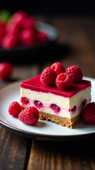a square slice of cake with berry filling on a stylish white plate, decorated with fresh raspberries, menu, copy space, vertical
